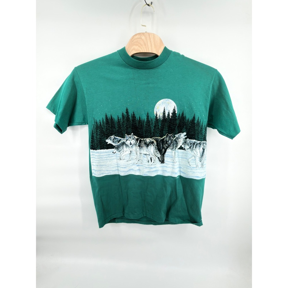 Vintage 90s Signal Sports Wolf Full Moon T Shirt Mens L Teal Wrap Around Print